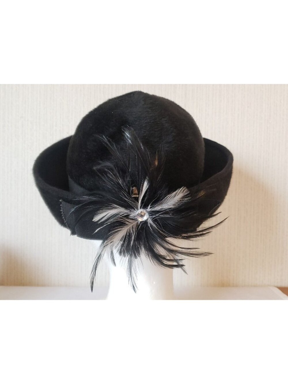 Vtg Felt Hat Feathers Rhinestone Black Italy Styled By Coralie 60s Teddybear Fur